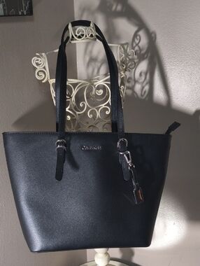 Calvin Klein Black Leather Tote with Polished Hardware